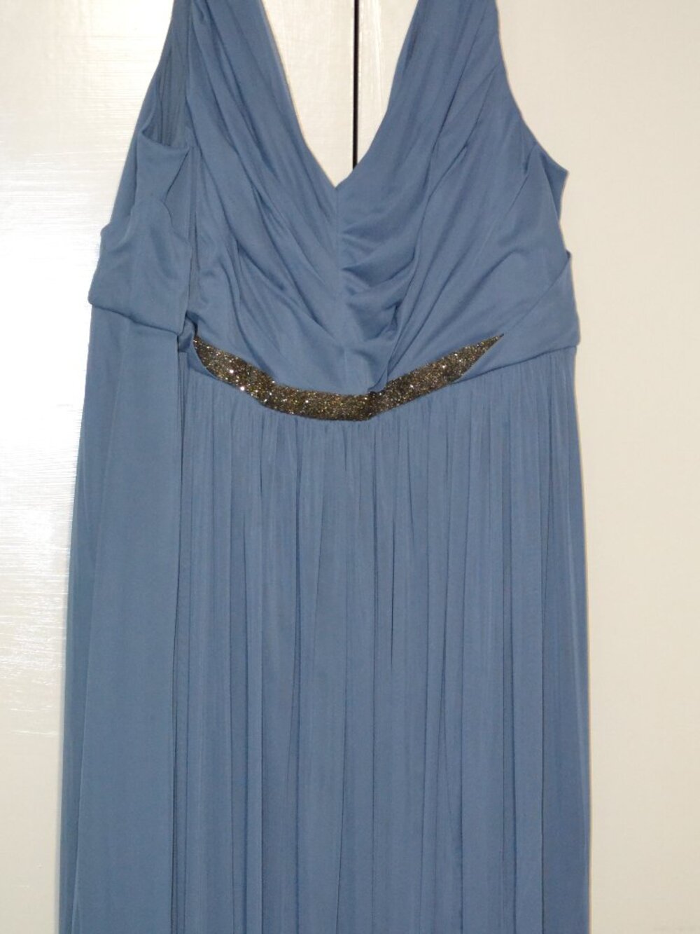 David’s Bridal Sky Blue Pleated Formal Gown Rhinestone Accent Dress - Picture 2 of 6